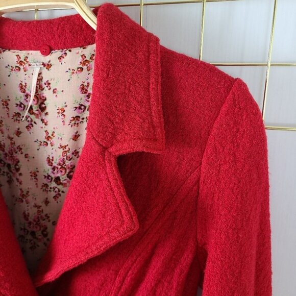 Free People Poppy Red Boiled Wool Blend Boucle Double-Breasted Coat - Picture 4 of 8